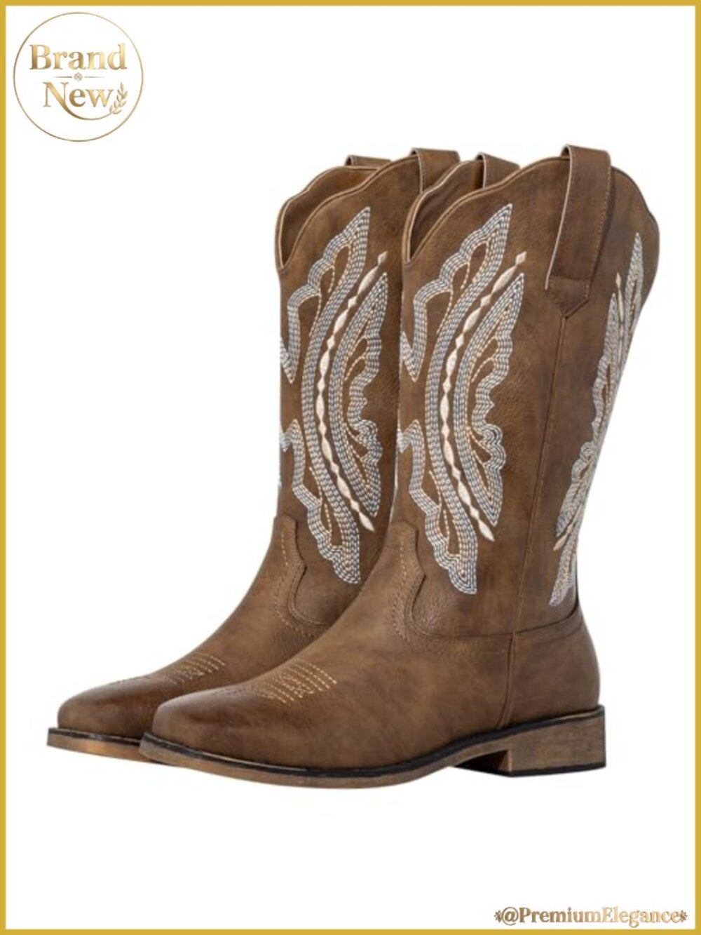 Wide Calf Cowboy Boots Square Toe Western Low Heel Faux Leather Women's